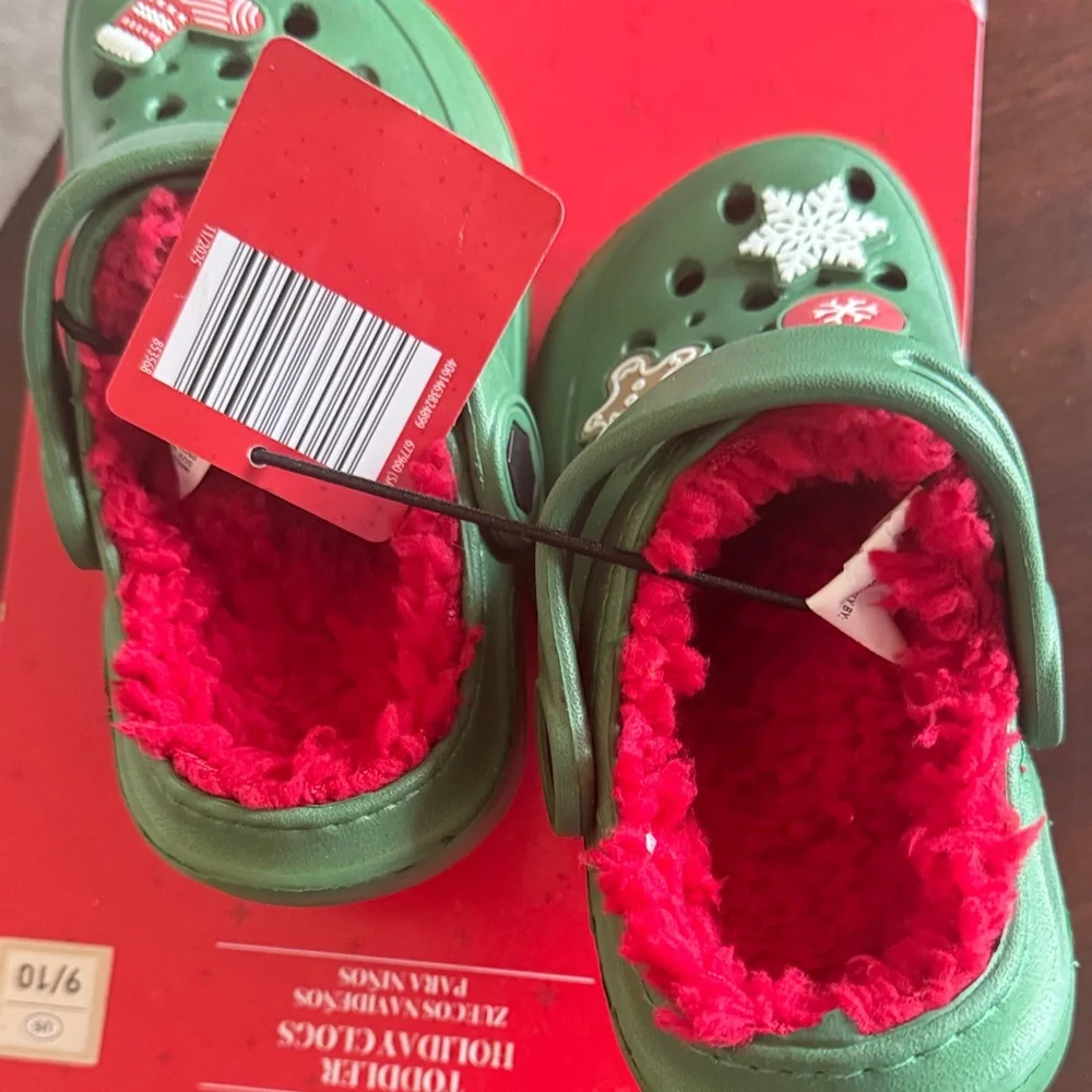 Lily & Dan toddler warm lined clogs SZ 9/10 Green Slippers with Red Fleece